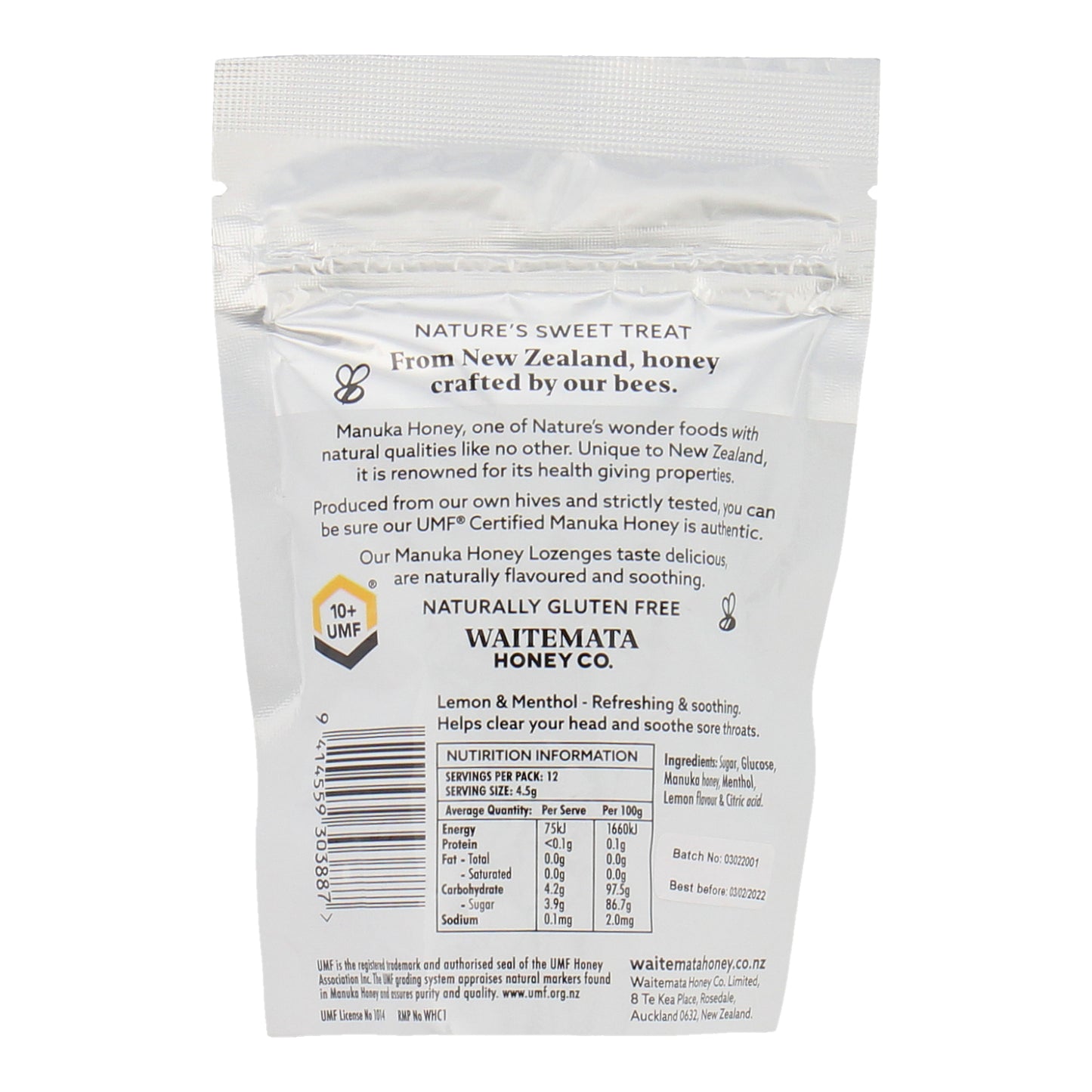 Waitemata Lozenges UMF 10+ Lemon & Menthol 54g
