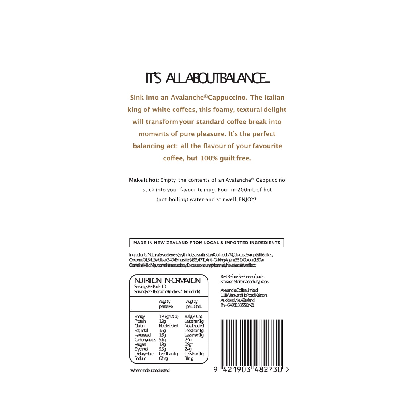 AVALANCHE 99% Sugar Free Cappuccino 160gm 10s