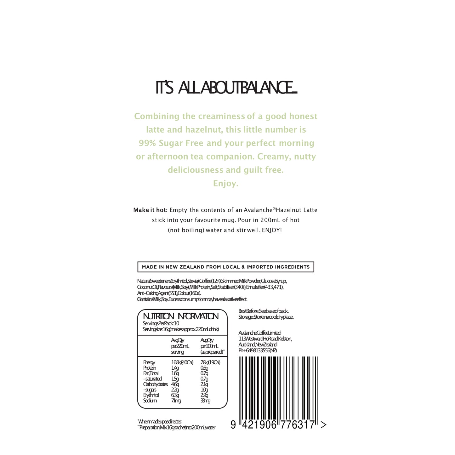 AVALANCHE 99% Sugar Free Hazelnut Latte 160gm 10s