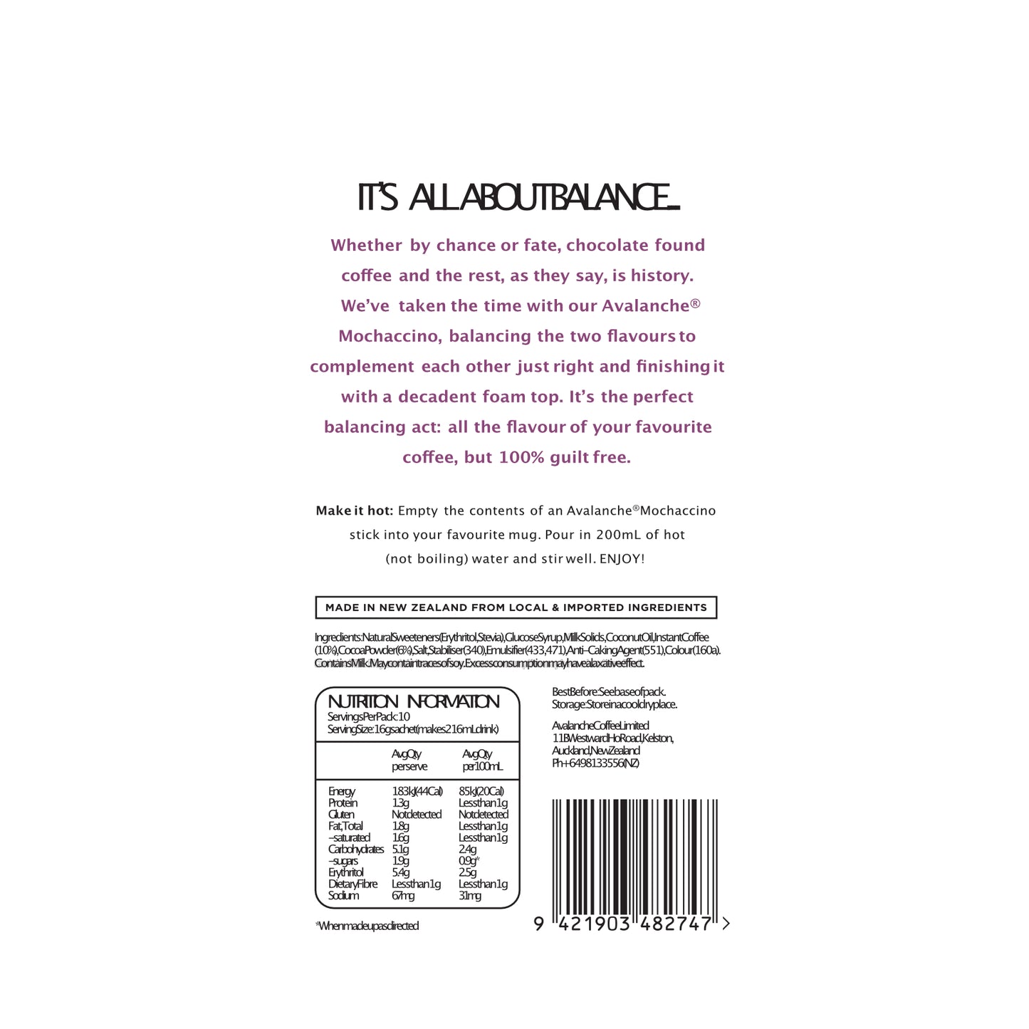 AVALANCHE 99% Sugar Free Mochaccino 160gm 10s