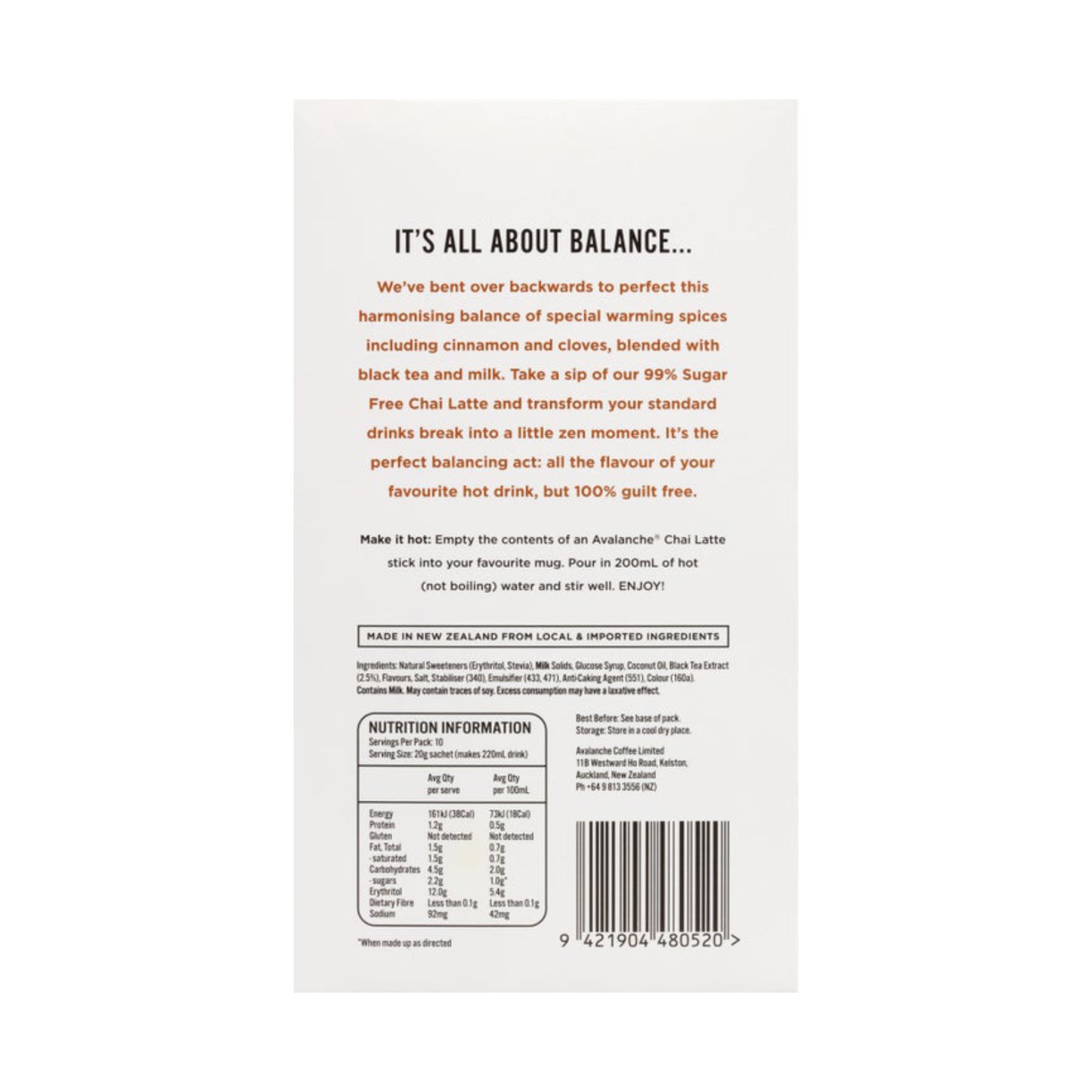 AVALANCHE 99% Sugar Free Chai Latte 200gm 10s