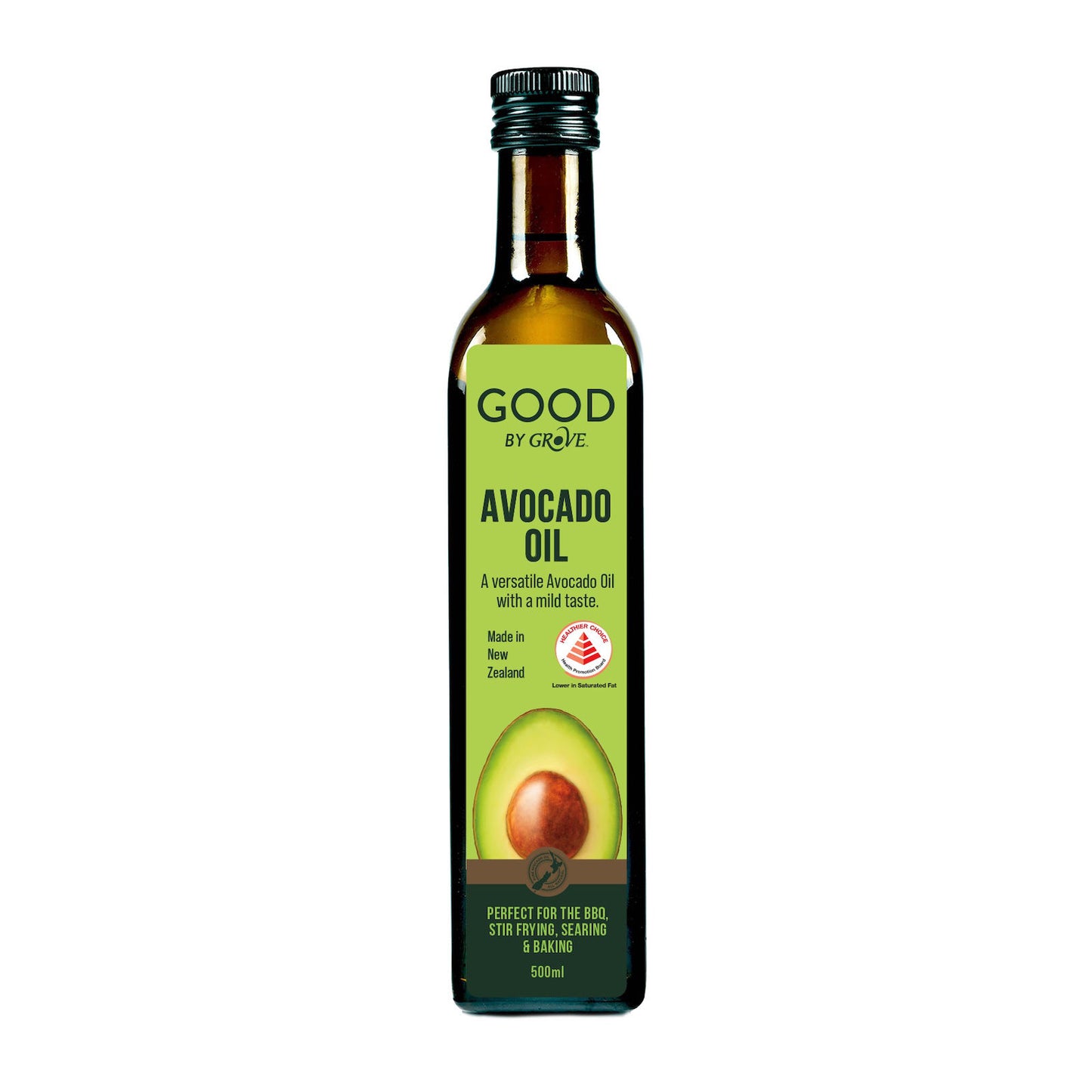 Bottle of Good By Grove Avocado Oil on a white background