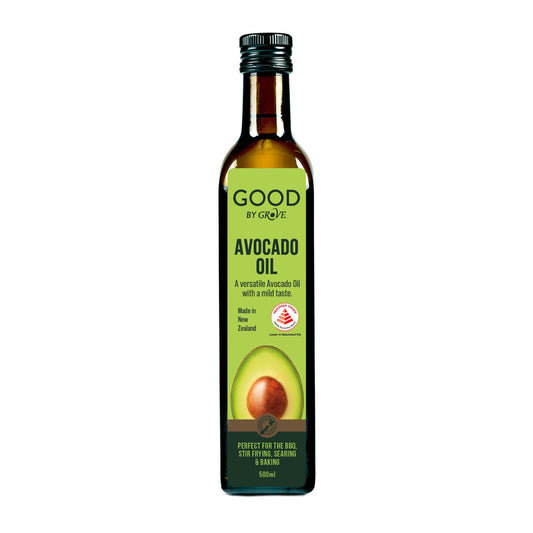 Bottle of Good By Grove Avocado Oil on a white background
