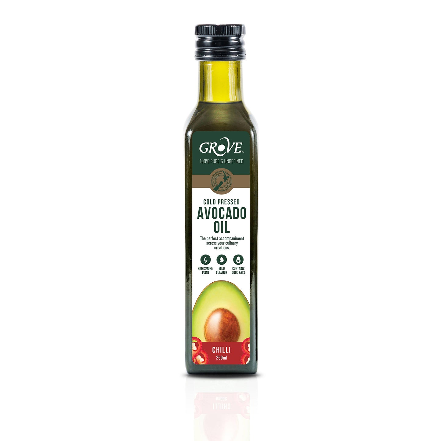 Bottle of Grove Chilli Avocado Oil on a white background