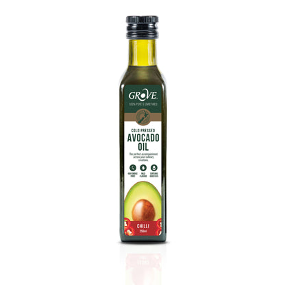 Bottle of Grove Chilli Avocado Oil on a white background