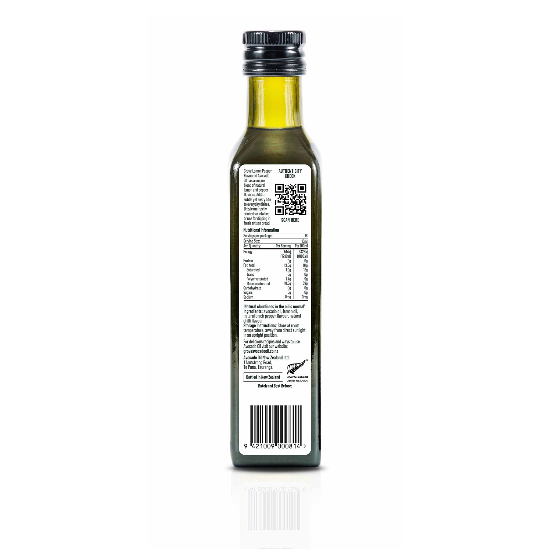 Back of bottle of Grove avocado oil with a label on a white background