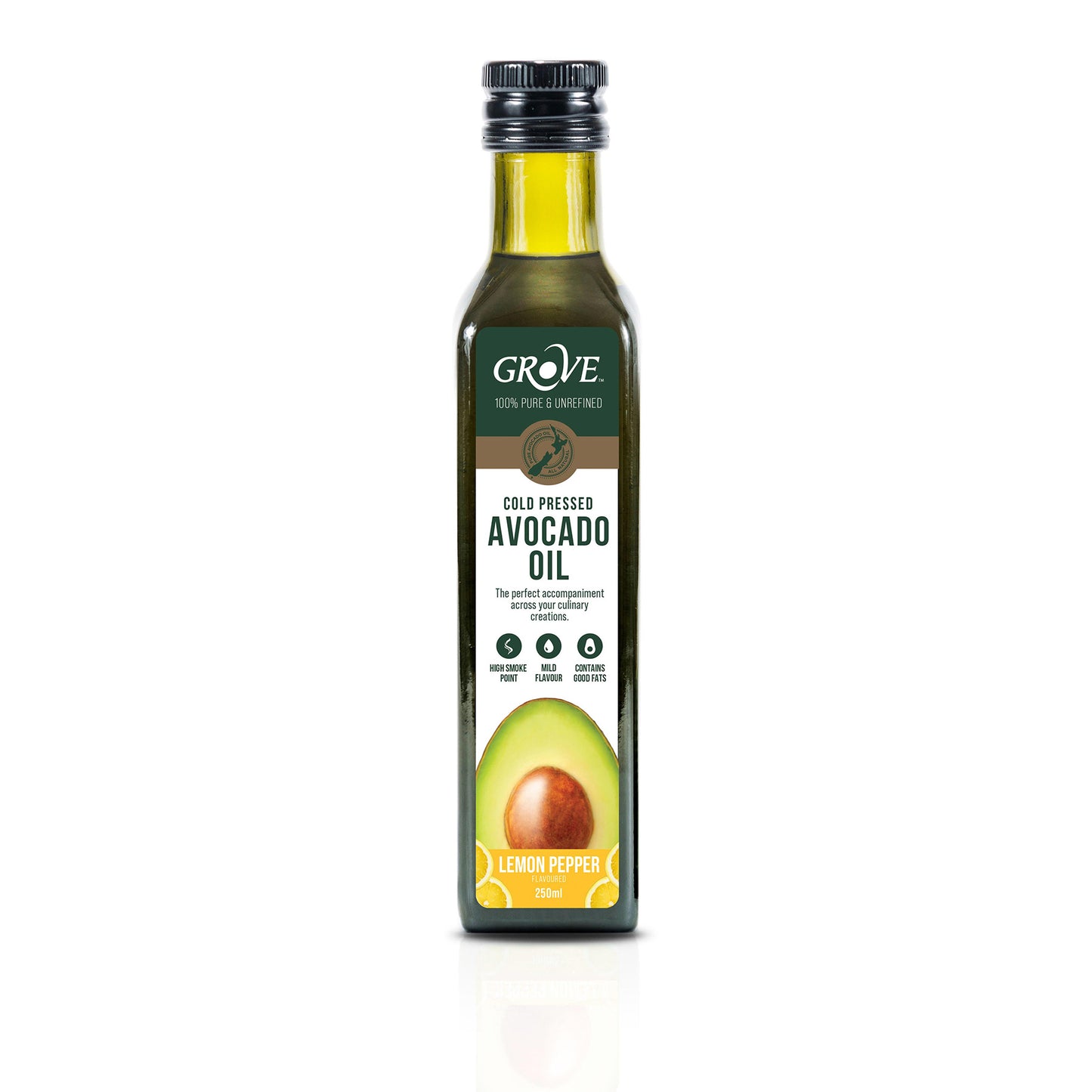 Bottle of Grove Avocado Oil Lemon Pepper on a white background