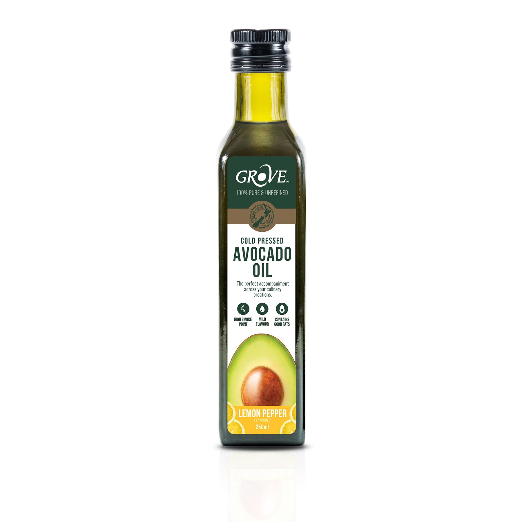 Bottle of Grove Avocado Oil Lemon Pepper on a white background