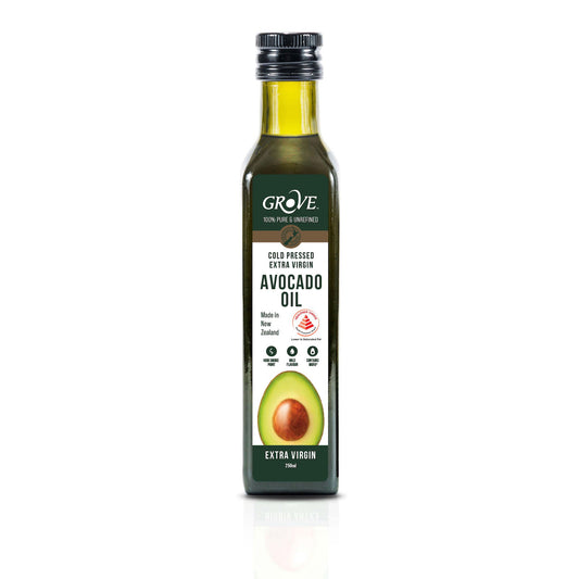 Bottle of Grove avocado oil, extra virgin on a white background