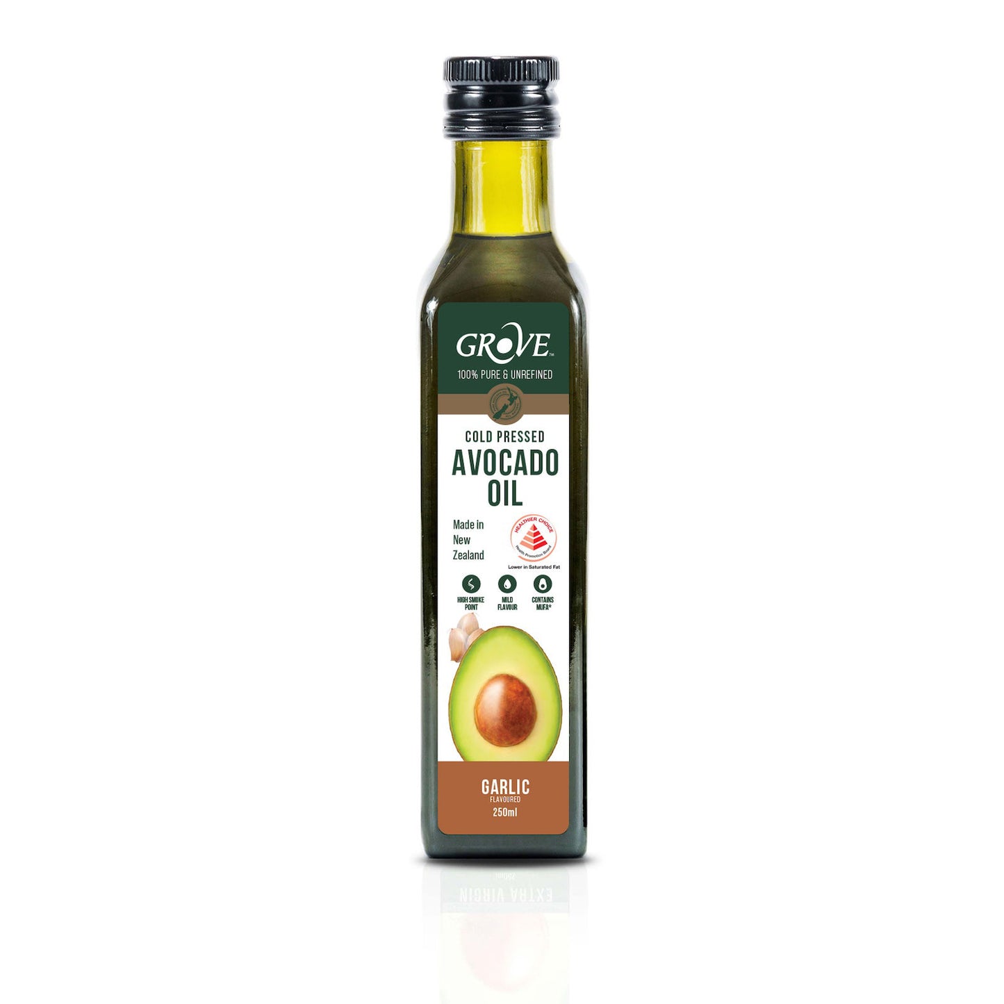 Bottle of Grove Garlic Avocado Oil on a white background.