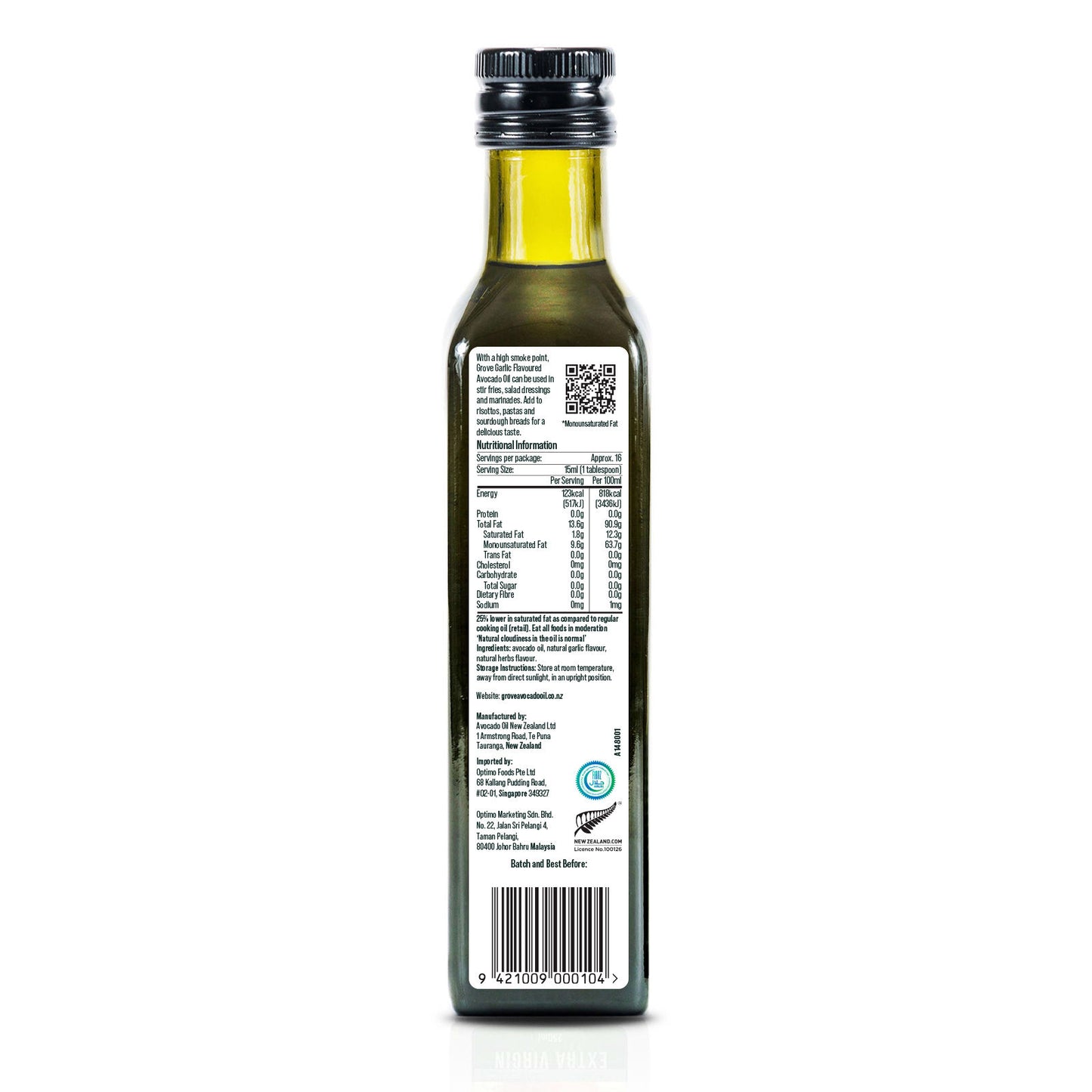 Back of bottle of Grove avocado oil garlic with a label on a white background