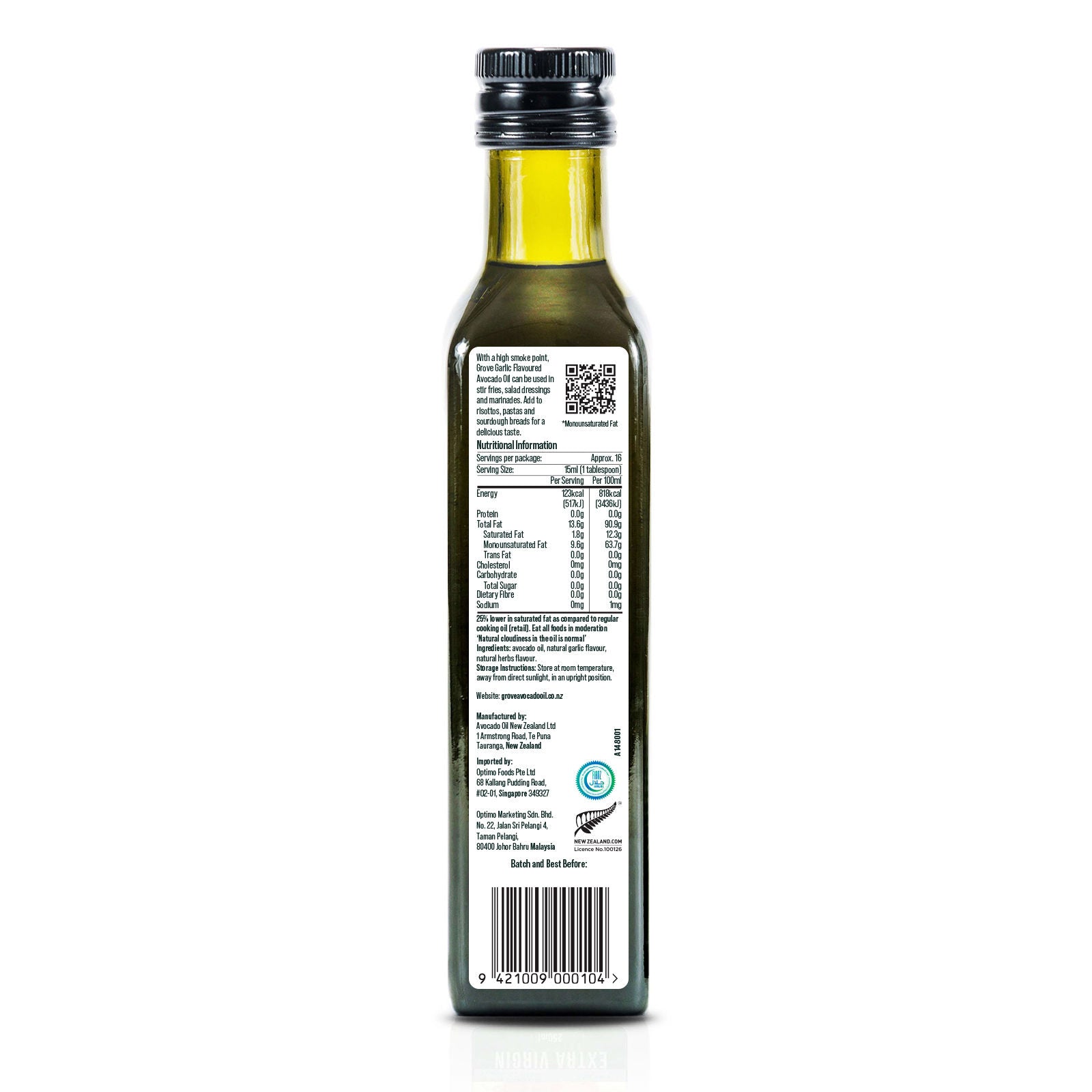 Back of bottle of Grove avocado oil garlic with a label on a white background