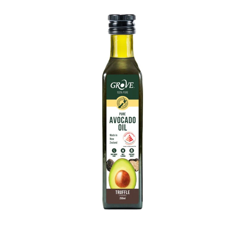 Bottle of Grove pure avocado oil truffle flavour on a white background