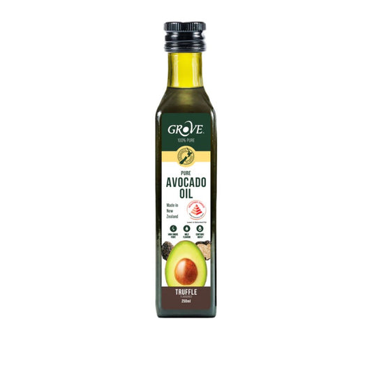 Bottle of Grove pure avocado oil truffle flavour on a white background