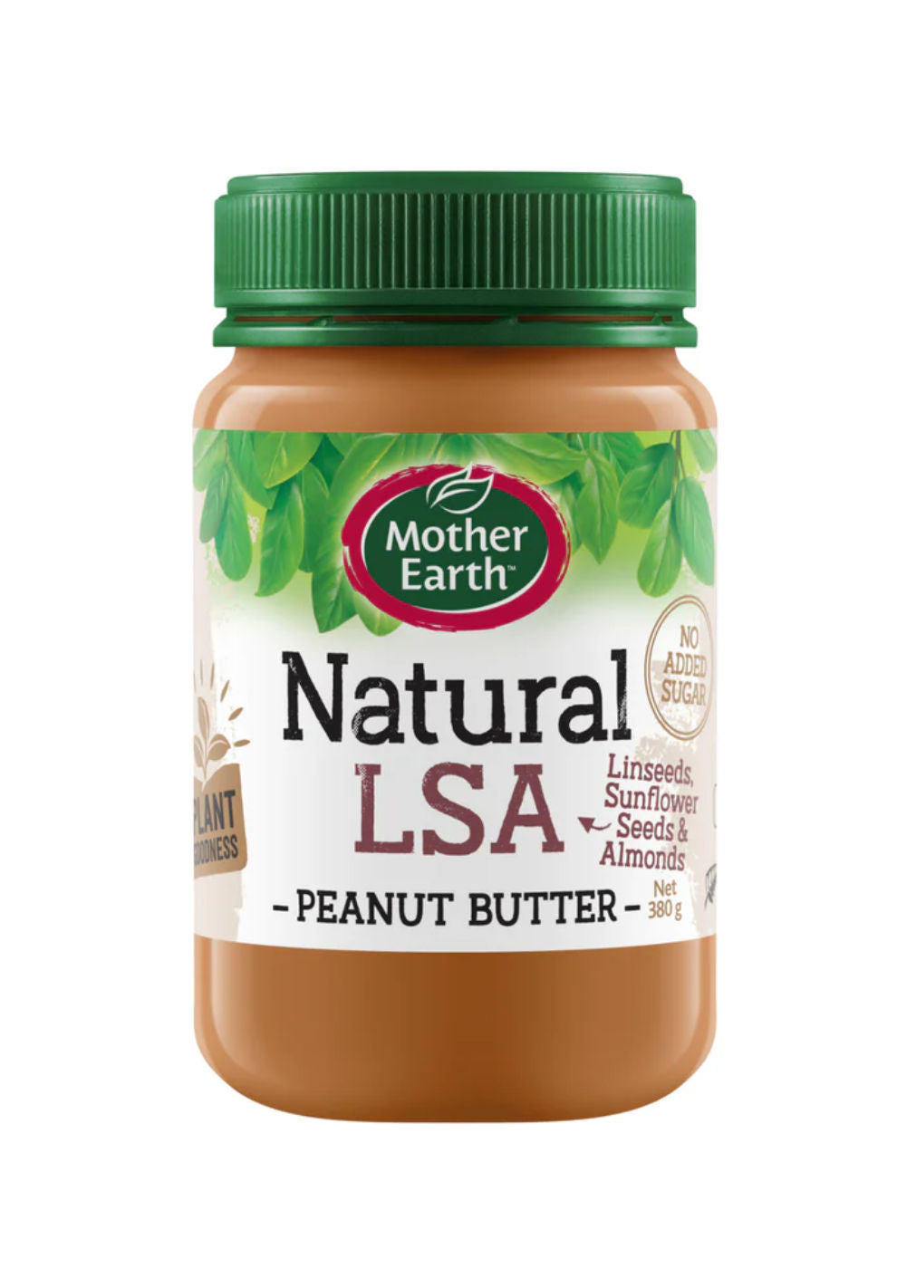 Jar of Mother Earth Natural LSA Peanut Butter on a white background