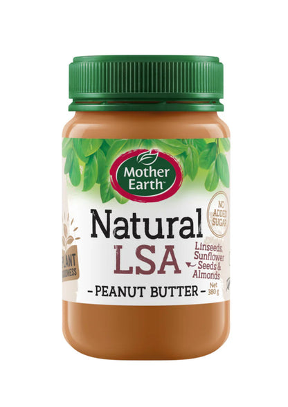 Jar of Mother Earth Natural LSA Peanut Butter on a white background
