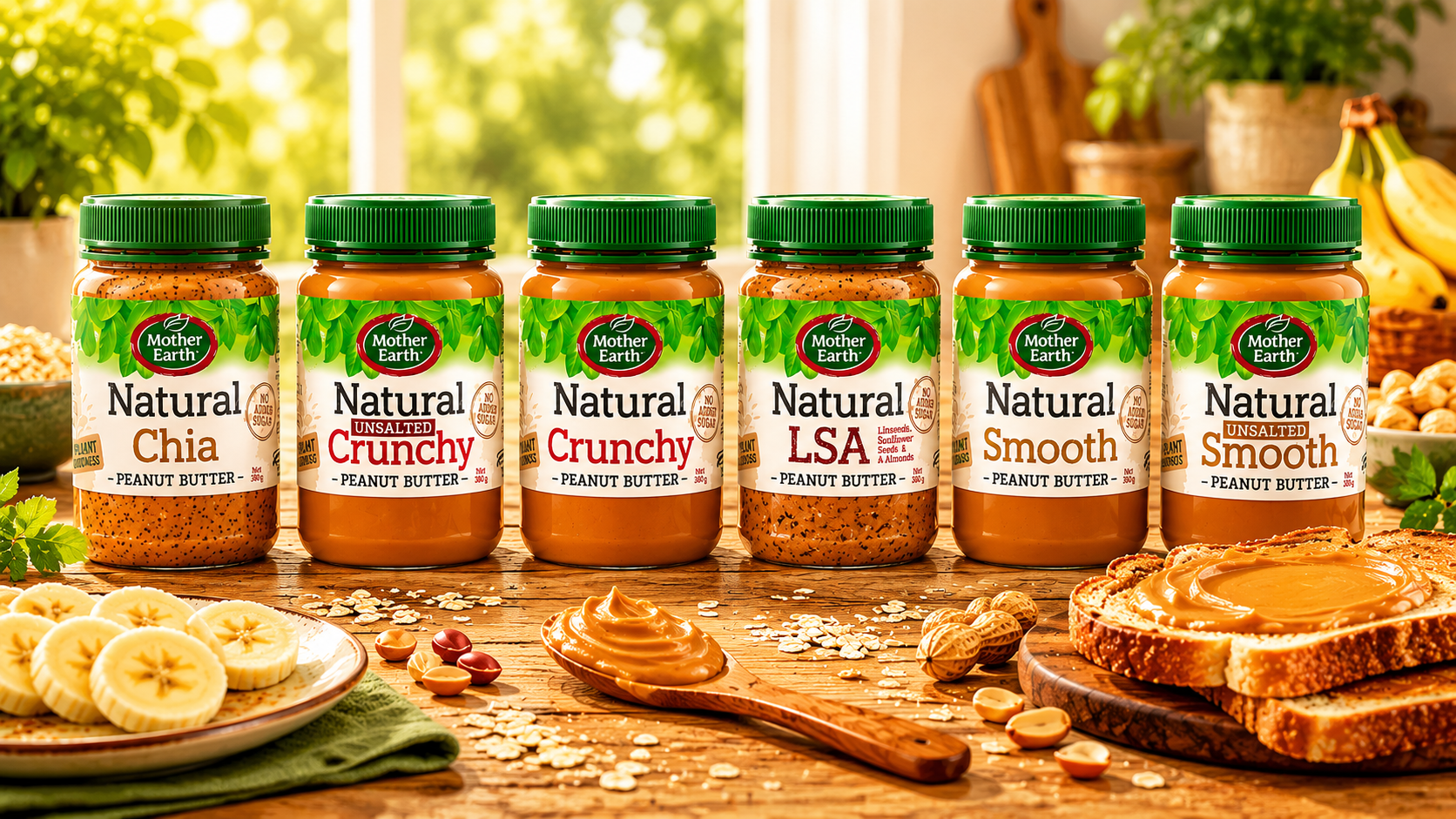 Jars of MOther Earth peanut butter on a wooden table with snacks and ingredients.