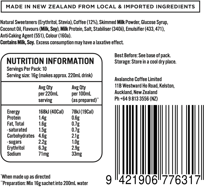 AVALANCHE 99% Sugar Free Hazelnut Latte 160gm 10s