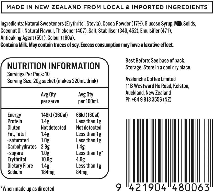 AVALANCHE 99% Sugar Free Drinking Chocolate 200gm 10s