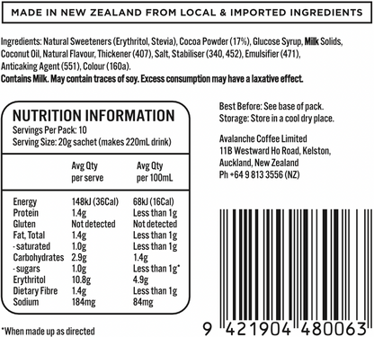 AVALANCHE 99% Sugar Free Drinking Chocolate 200gm 10s