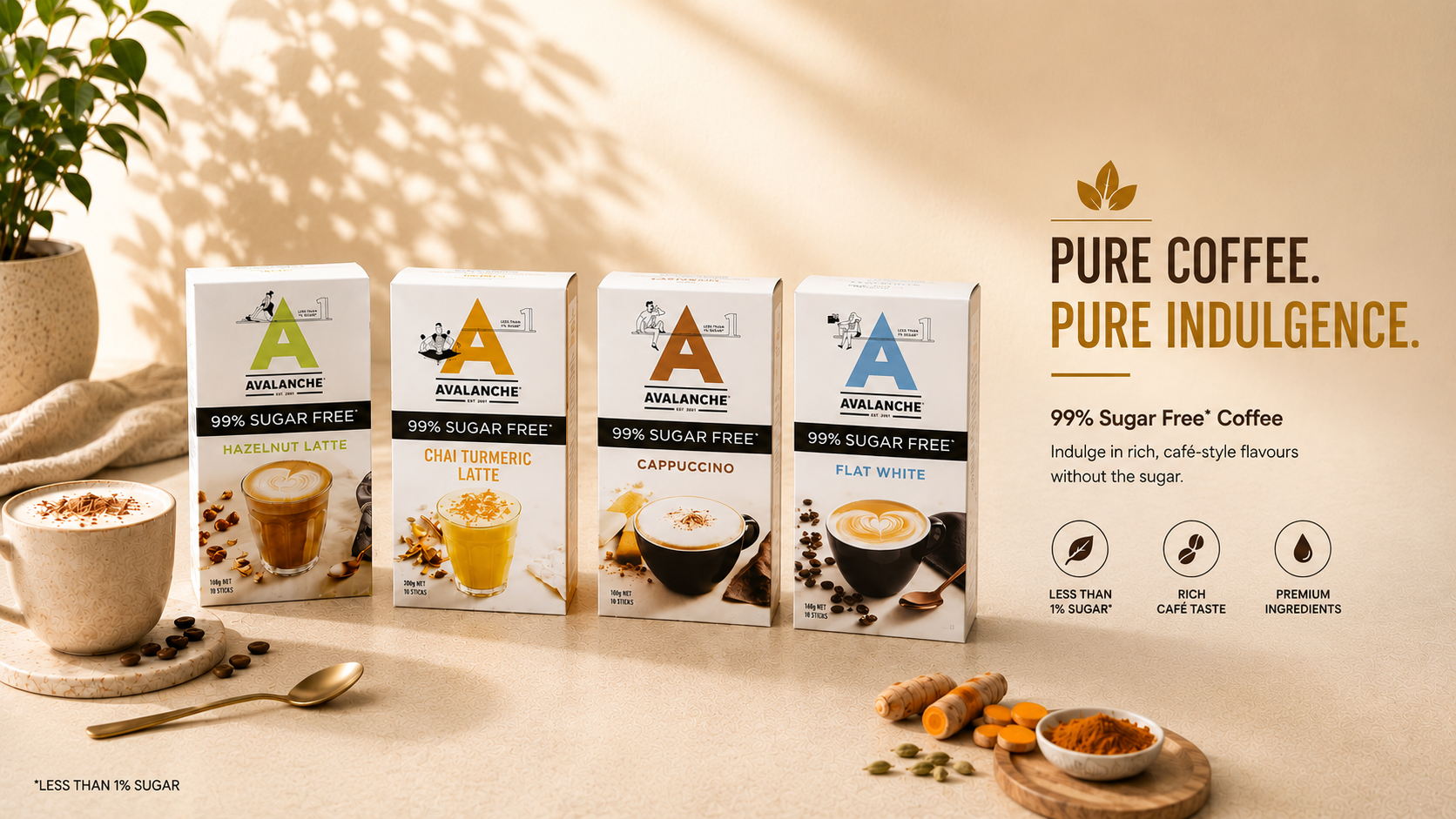 Row of Avalanche Sugar Free coffee on a neutral background