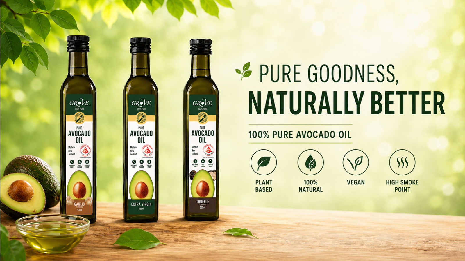 Grove avocado oil on a wooden surface with green leaves and a light background.