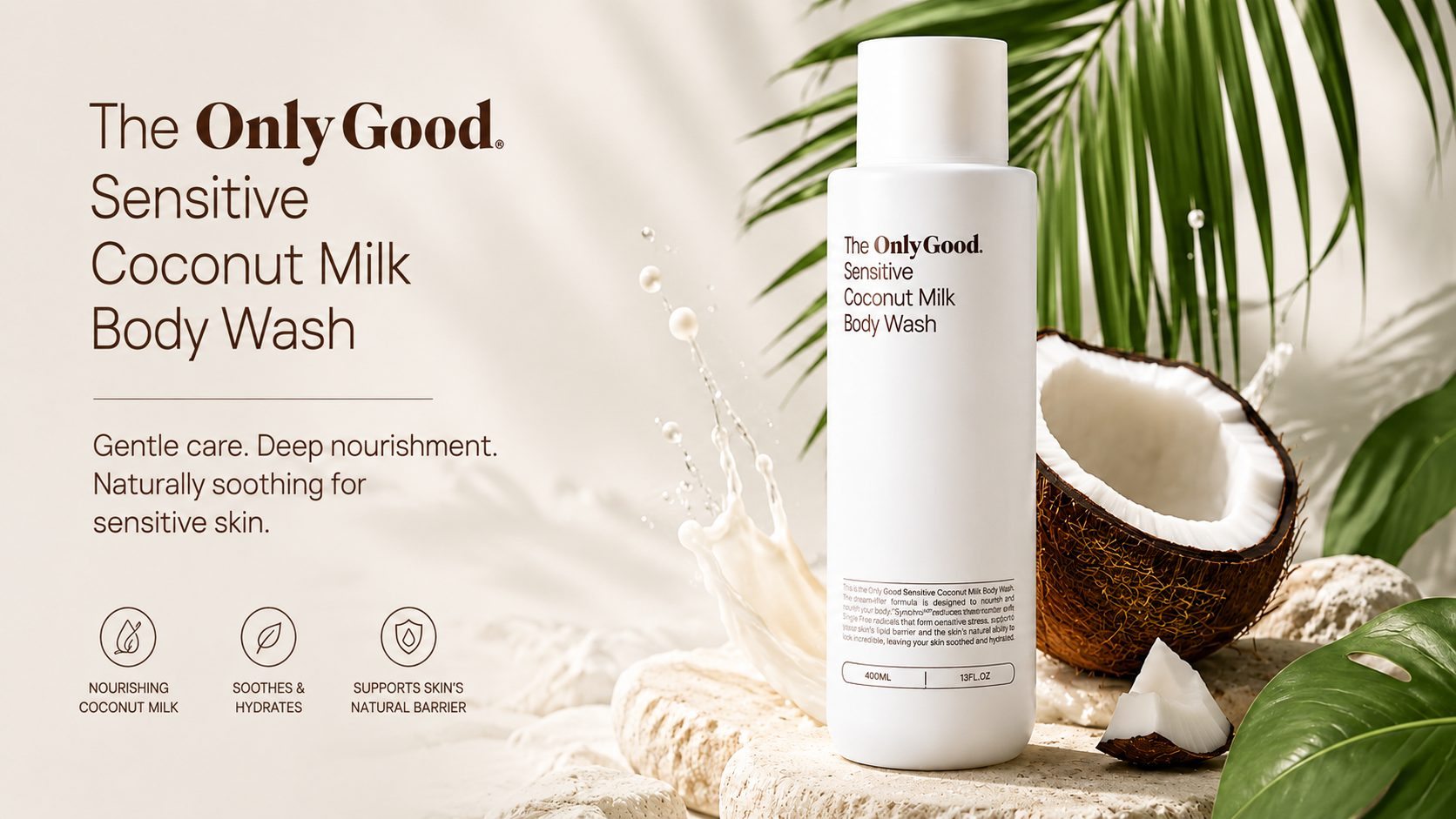 The Only Good Coconut Milk Body Wash bottle with coconut and leaves in the background