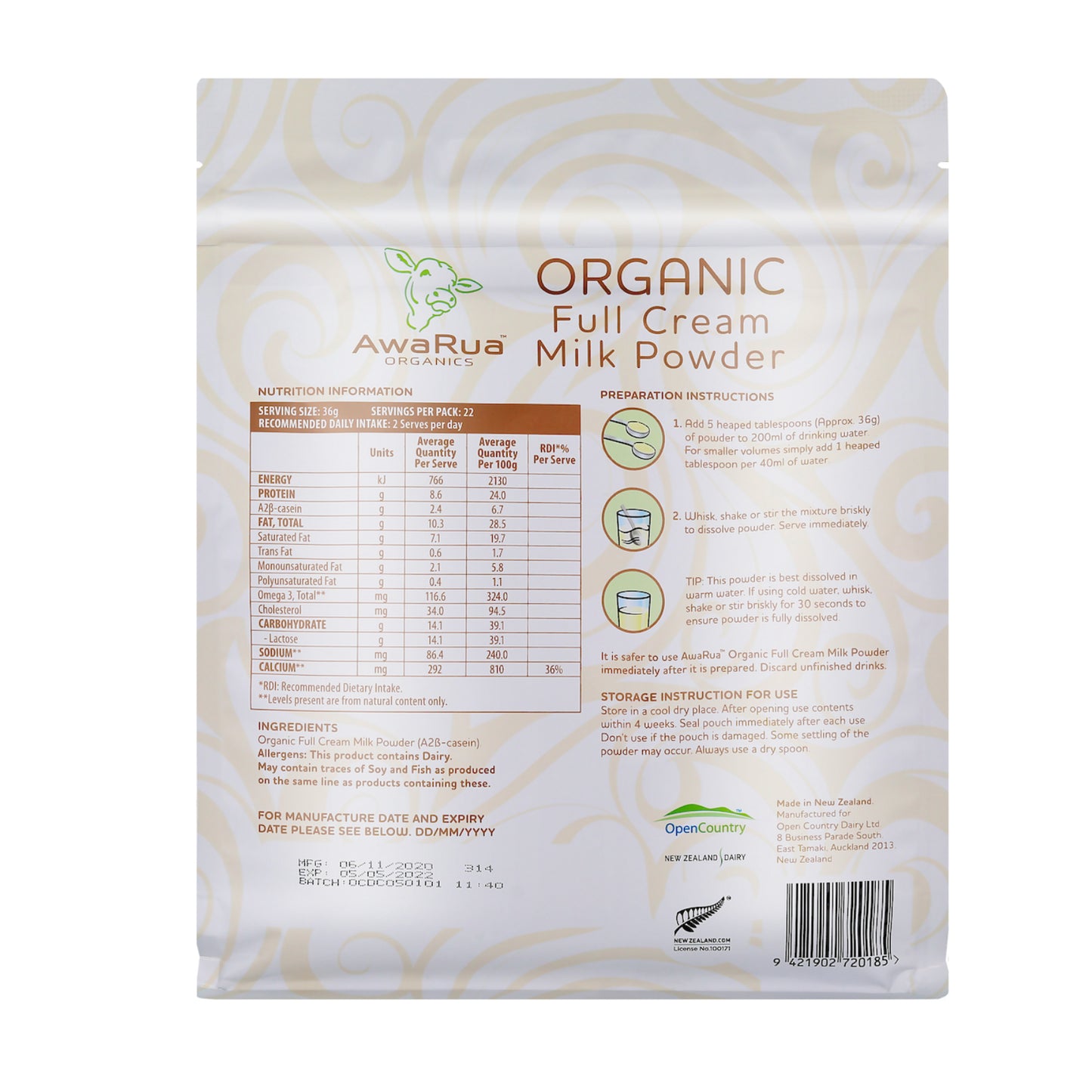 AwaRua Organics Whole Cream Milk Powder Refill 800g - by Optimo Foods